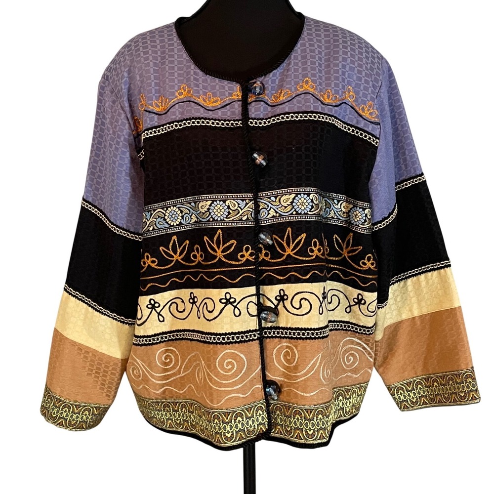Julia Kim Women XL Embroidered Boho Art to Wear Jacket Blue Black Cotton Rayon‎